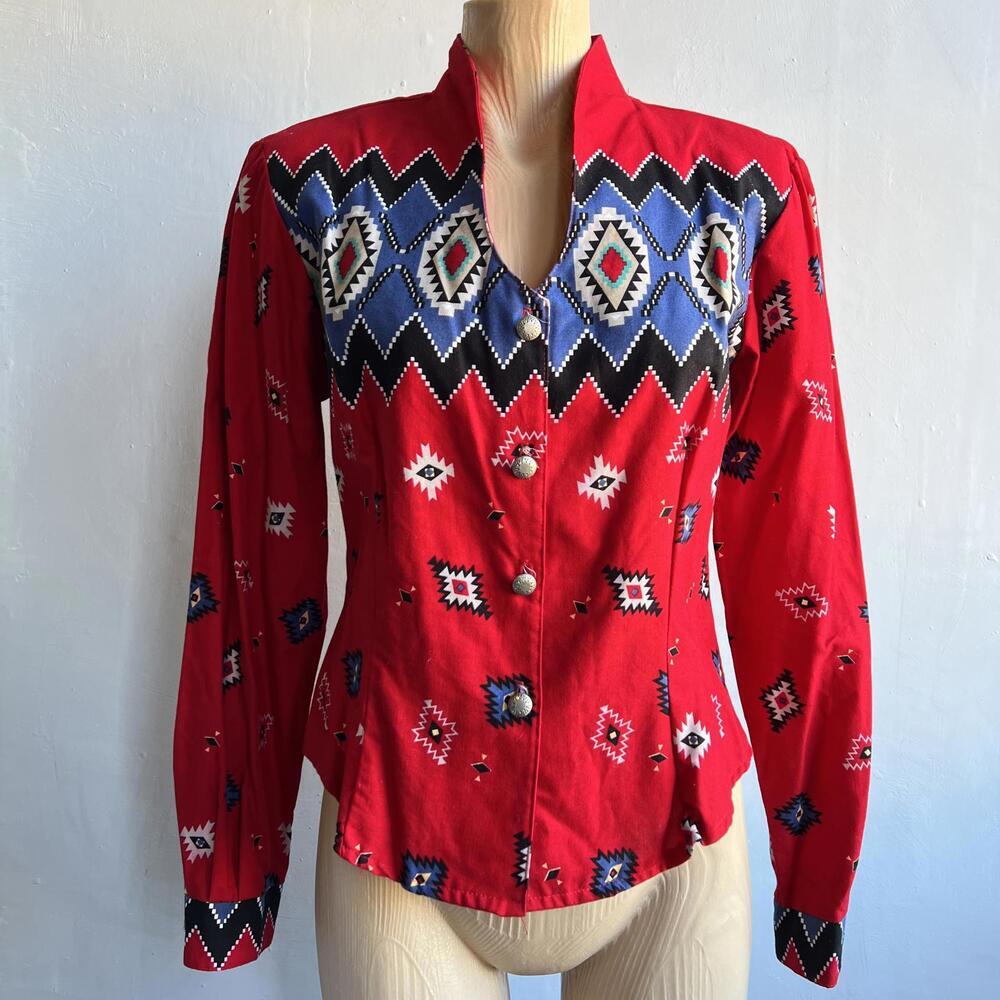 Roughrider by Circle T Women’s Western Shirt Medium Red Aztec Print Cotton USA